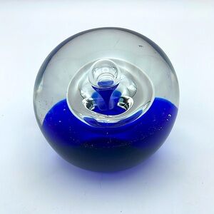 Handmade Glass Paperweight, Cobalt Blue, Controlled Bubble, Silvery Mirror Shine